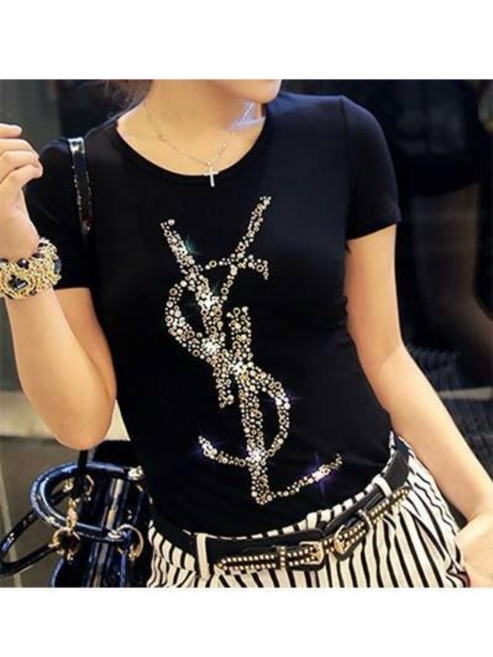 NWOT Black Short Sleeve Tee with Crystal Monogram Accent XL